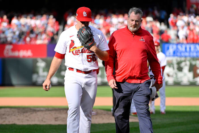 Ryan Helsley is removed from the game in the ninth inning of the Cardinals’ 6–3 loss to the Phillies